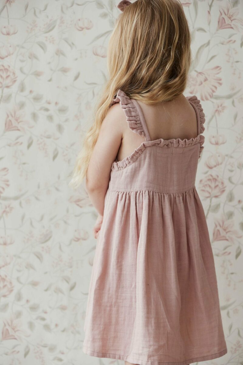 Organic Cotton Muslin Gemima Dress in Mauve Shadow from Jamie Kay