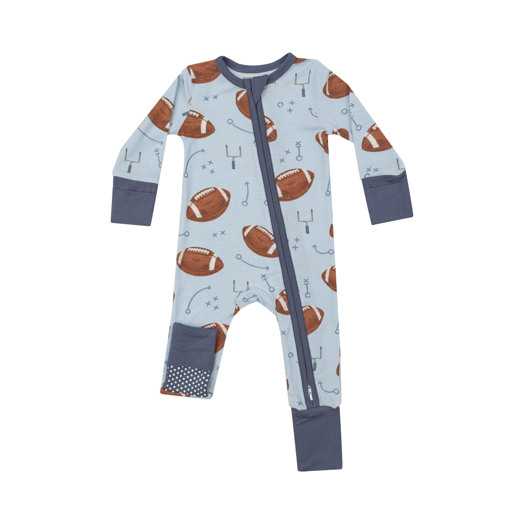 Angel Dear Footballs On Blue Bamboo Viscose Zipper Romper