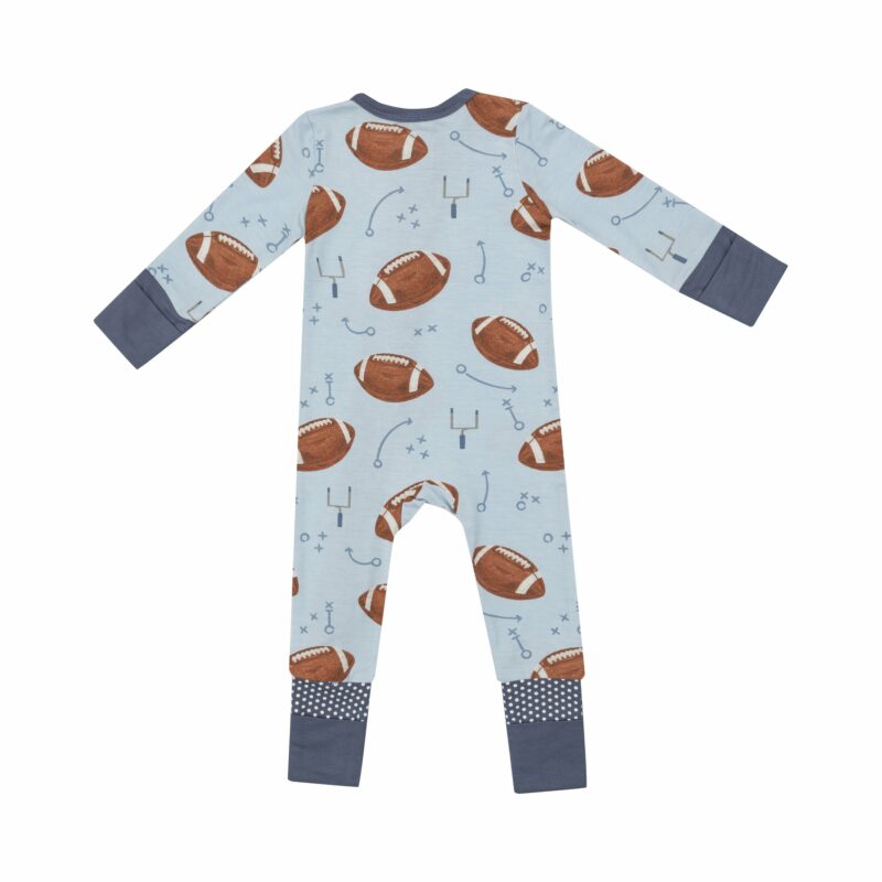 Footballs On Blue Bamboo Viscose Zipper Romper from Angel Dear