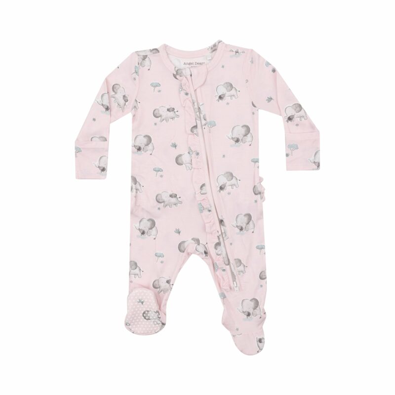 Angel Dear Gray Elephants On Pink Ruffle Zipper Footie