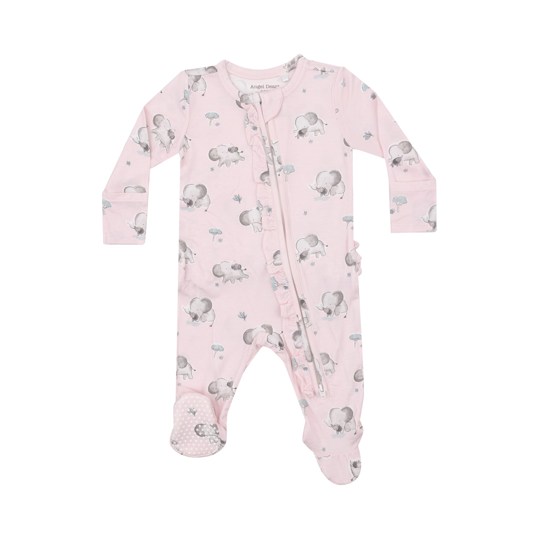 Angel Dear Gray Elephants On Pink Ruffle Zipper Footie