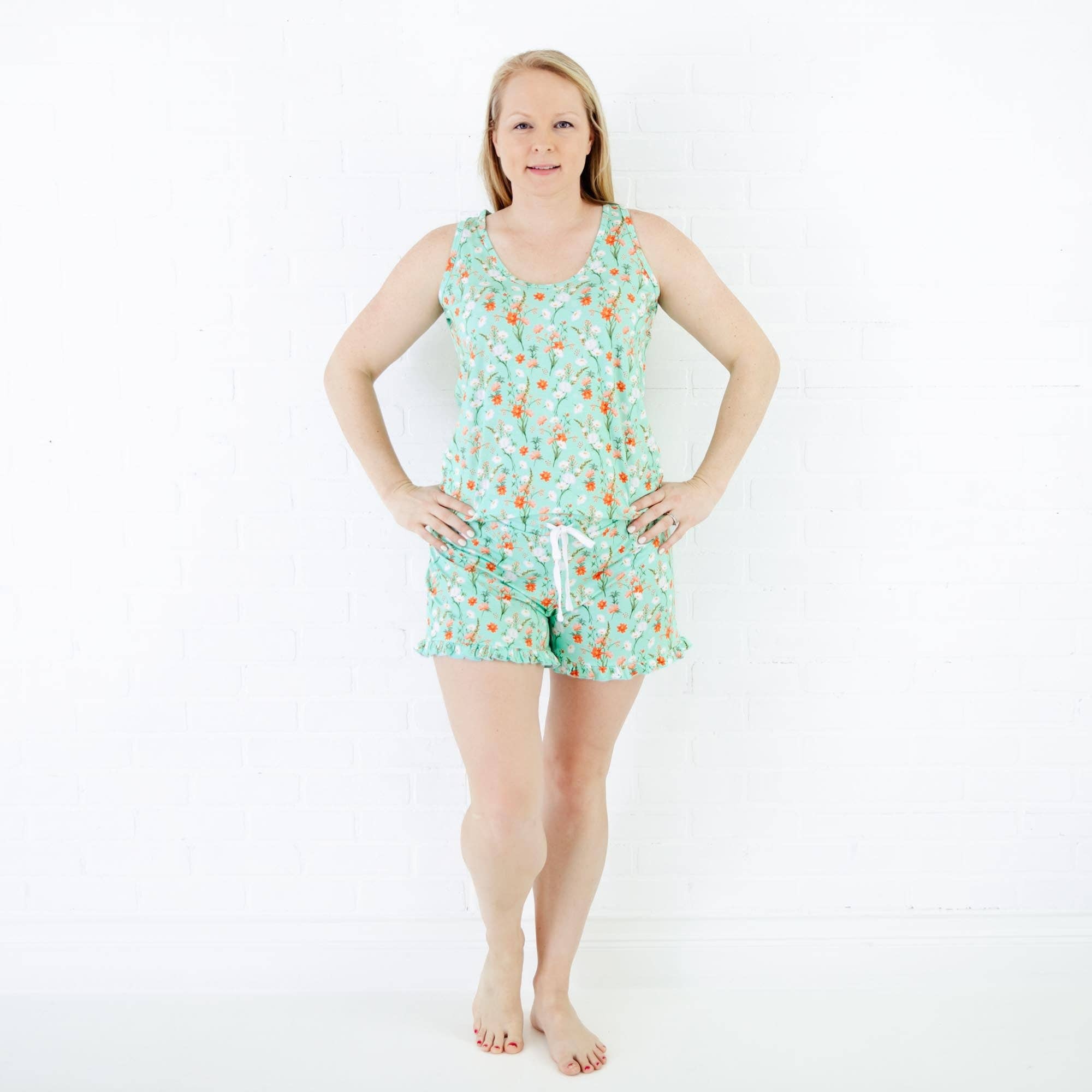 Dreamiere Sweet Pickings Meadow Floral Women's Tank and Ruffled Shorts Bamboo Pajama Set