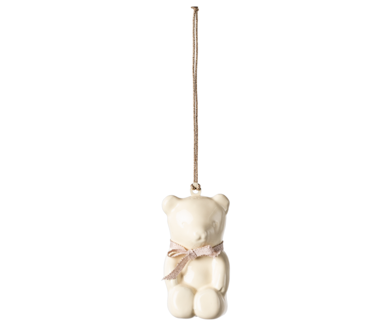 Maileg Off White Teddy Bear With Rose Ribbon Metal Ornament