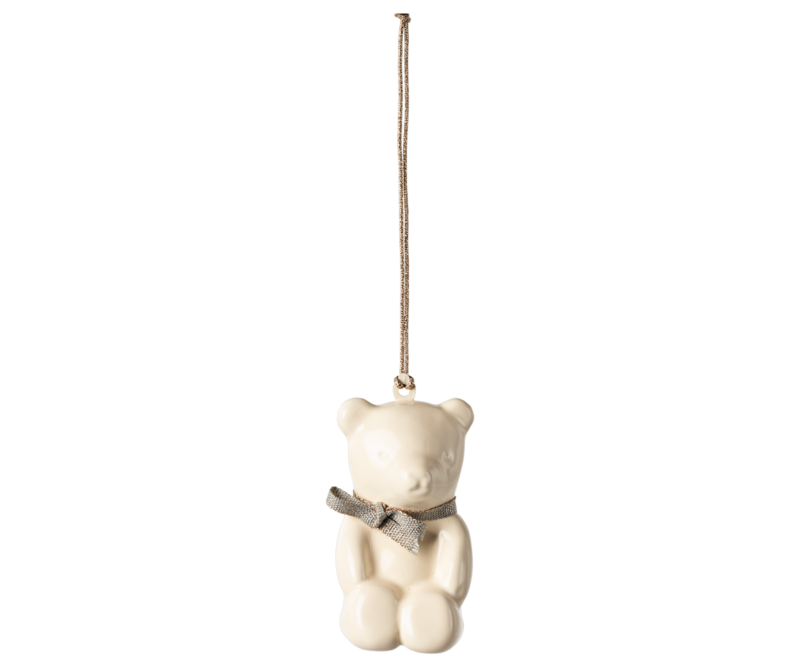 Maileg Off White Teddy Bear With Blue Ribbon Metal Ornament