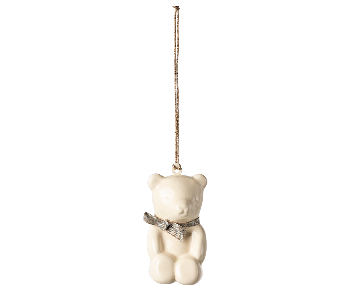 Maileg Off White Teddy Bear With Blue Ribbon Metal Ornament