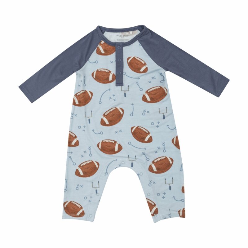 Angel Dear Footballs On Blue Long Sleeve Raglan Romper