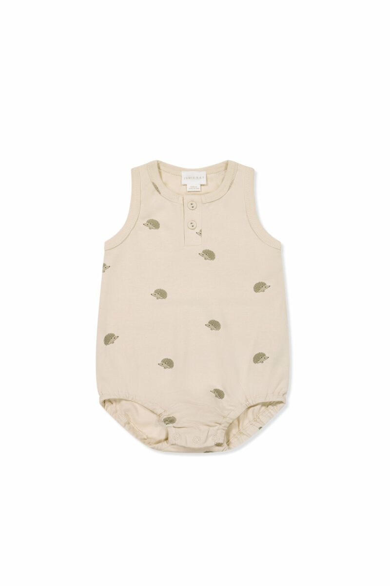 Pima Cotton Noah Playsuit in Henry Hedgehog Birch 