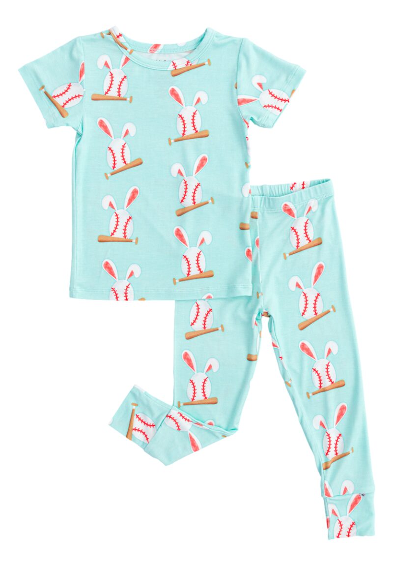 Baseball Bunnies Bamboo Viscose Two Piece Pajama Set available at Blossom