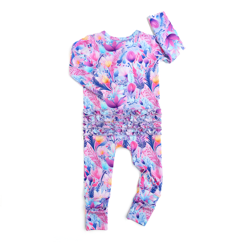 Ayla Floral Bamboo Viscose Ruffle Zip Footie available at Blossom