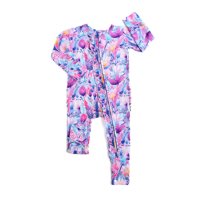 Ayla Floral Bamboo Viscose Ruffle Zip Footie